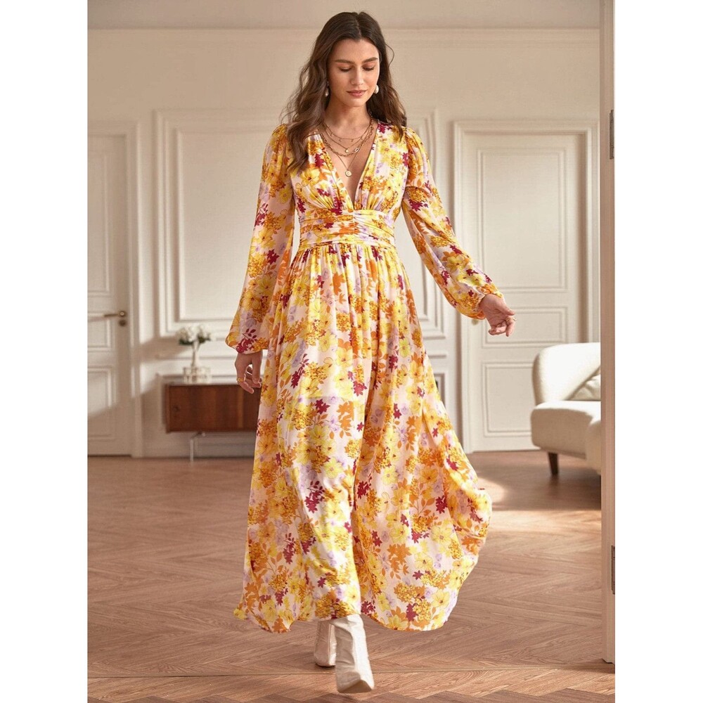 New SHEIN Frenchy Yellow Floral Lined Maxi Dress Boho Long Sleeve Formal Wedding